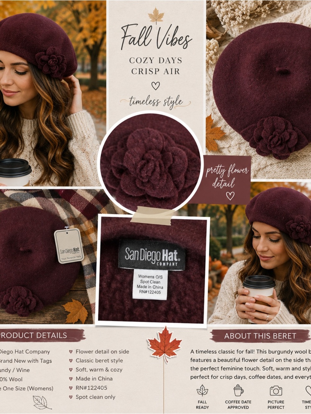 San Diego Hat Company Burgundy Beret with Flower Accent
